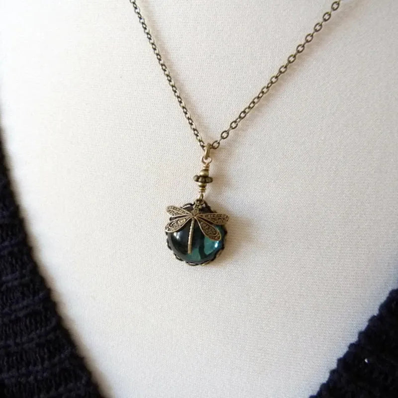 Vintage bronze hand carved dragonfly pendant necklace with 925 silver and yellow colour