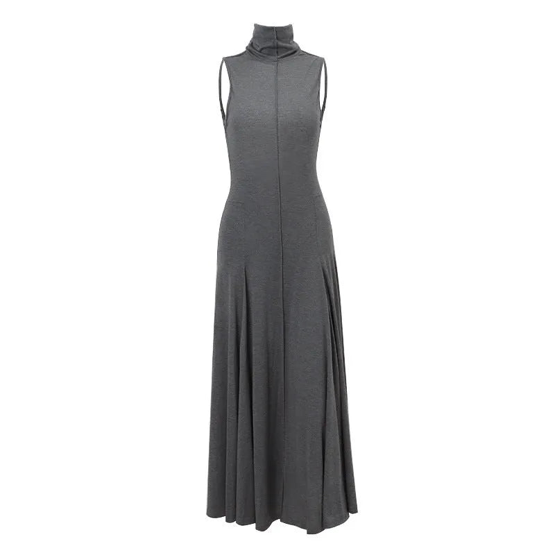 Grey slim-fit half turtleneck backless cotton dress with sleeveless design