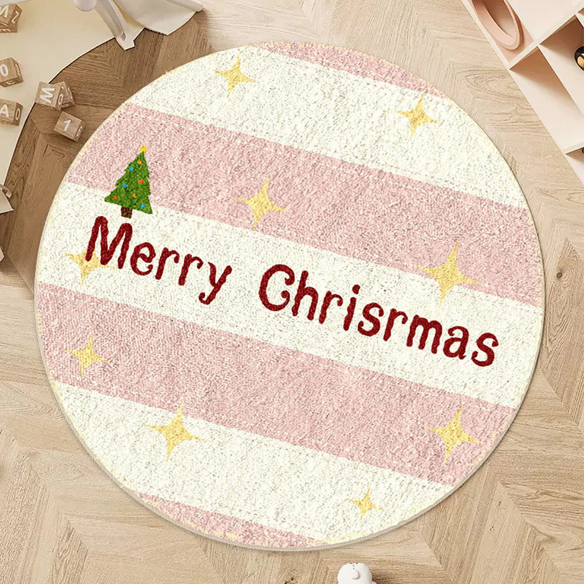 Round alien-shaped Christmas floor mat in imitation cashmere with holiday colour pattern