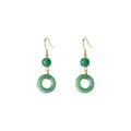 A pair of green geometric Peace Buckle-shaped earrings inspired by traditional Chinese cheongsam design.
