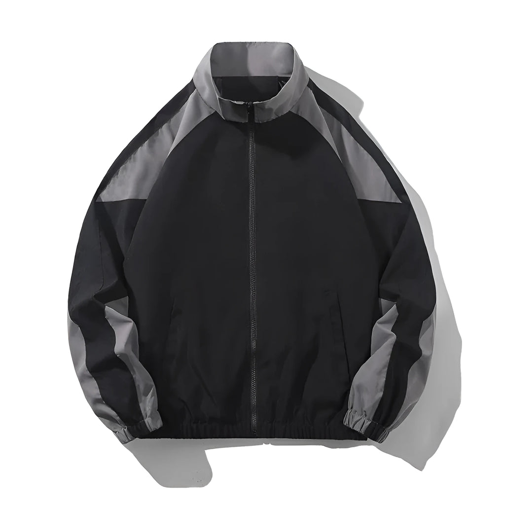 Men's black casual polyester jacket with contrast stitching and side seam pockets