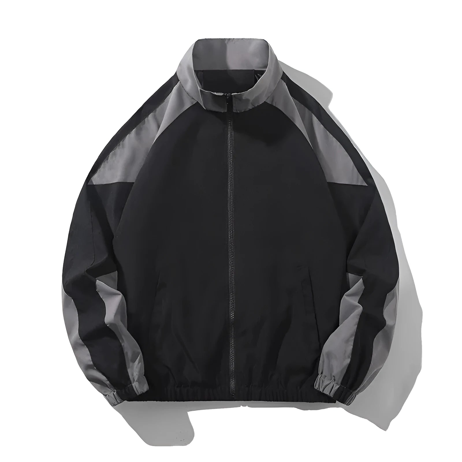 Men's black casual polyester jacket with contrast stitching and side seam pockets