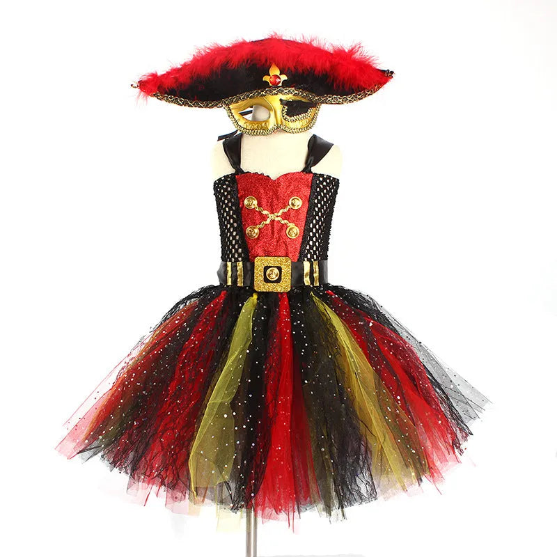 Girls sleeveless pirate dress costume with sequins, mesh, and lace detailing.