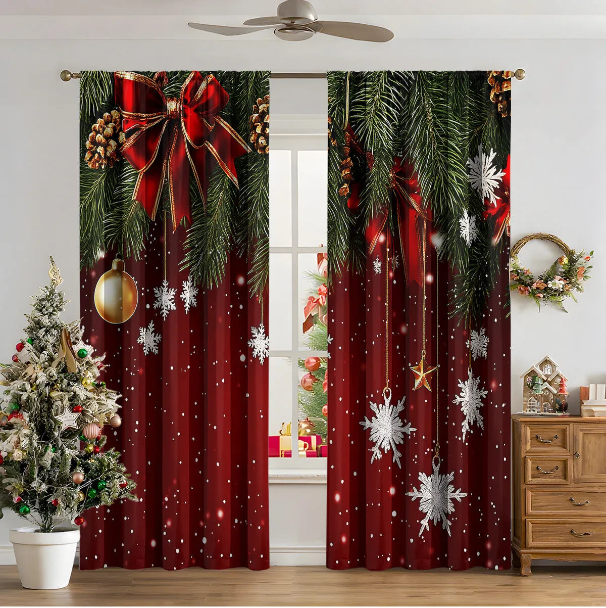 3D digitally printed modern Christmas curtain in a polyester fabric, showing one of fifteen available design styles.