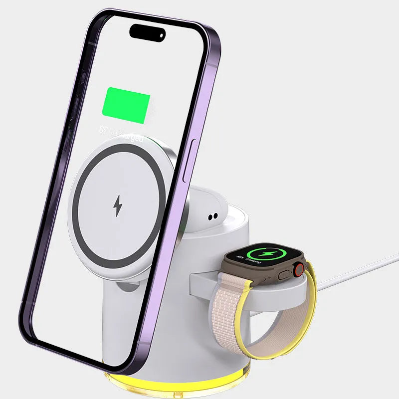 Black C16 three-in-one magnetic wireless folding charger for iPhone, Apple Watch and AirPods on a wooden desk.