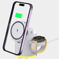 Black C16 three-in-one magnetic wireless folding charger for iPhone, Apple Watch and AirPods on a wooden desk.