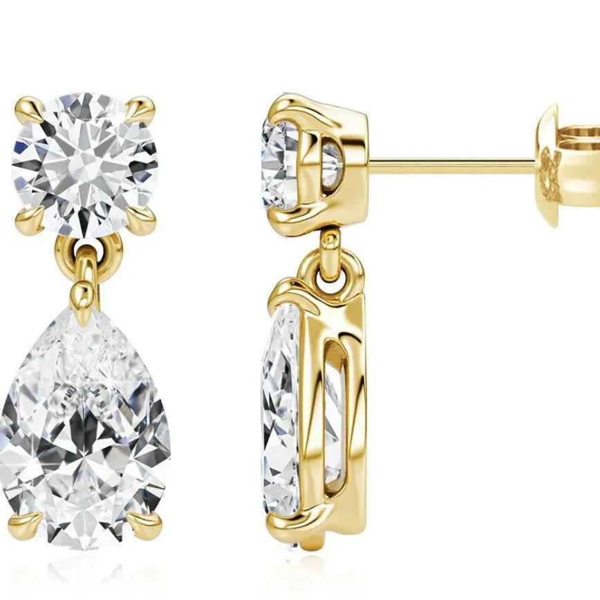 925 sterling silver geometric stud earrings with round and water drop moissanite stones in gold or silver plating