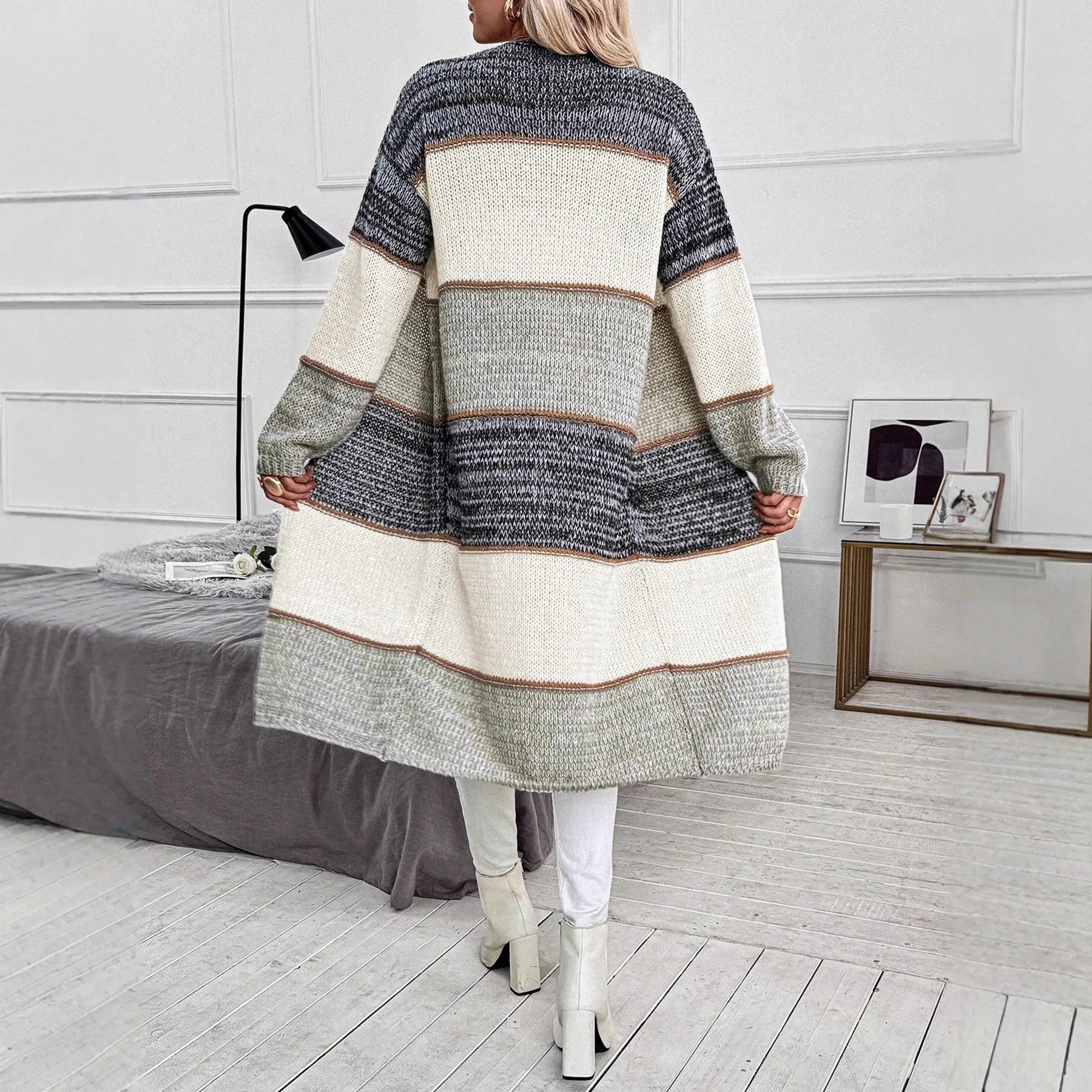 Grey knitted long cardigan with loose street fashion styling and long sleeves