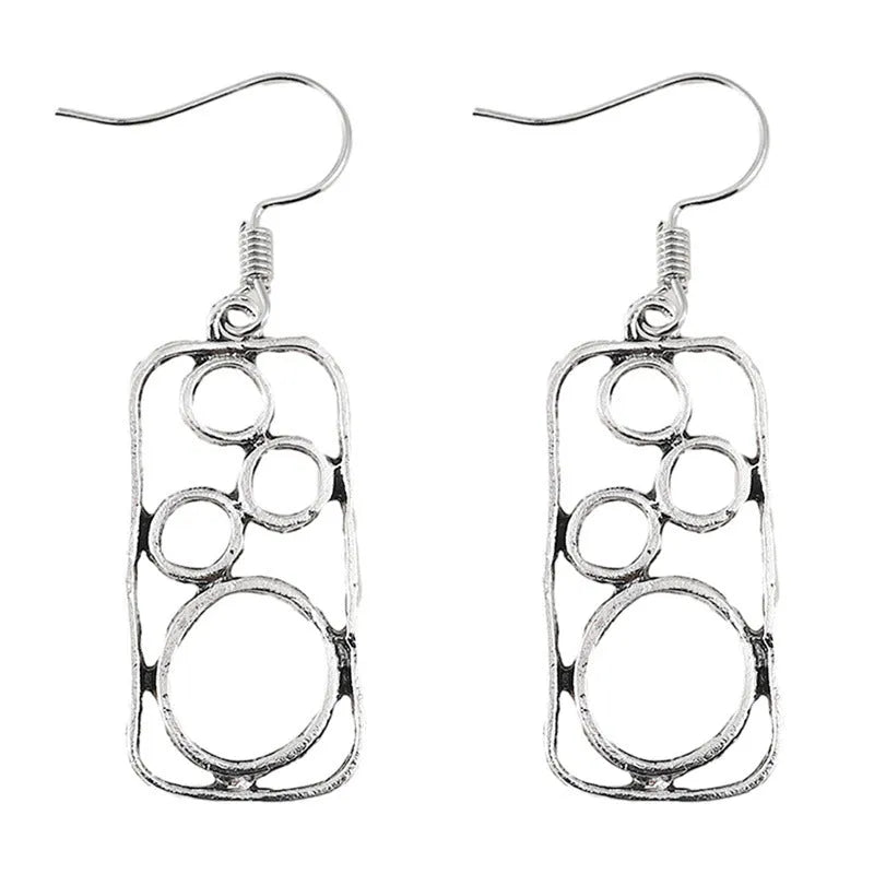 Geometric alloy earrings with round ring design and irregular square shape in antique silver colour