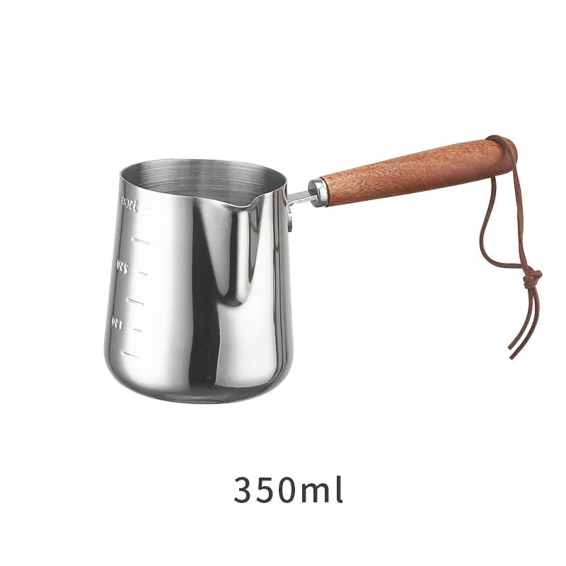 Stainless steel garland coffee cup with wooden handle showing ml scale, in three size options.