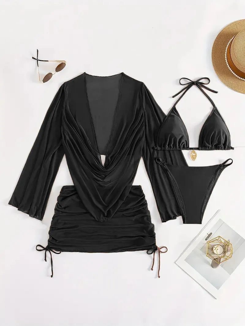 Women's dark brown lace-up bikini swimsuit with backless design