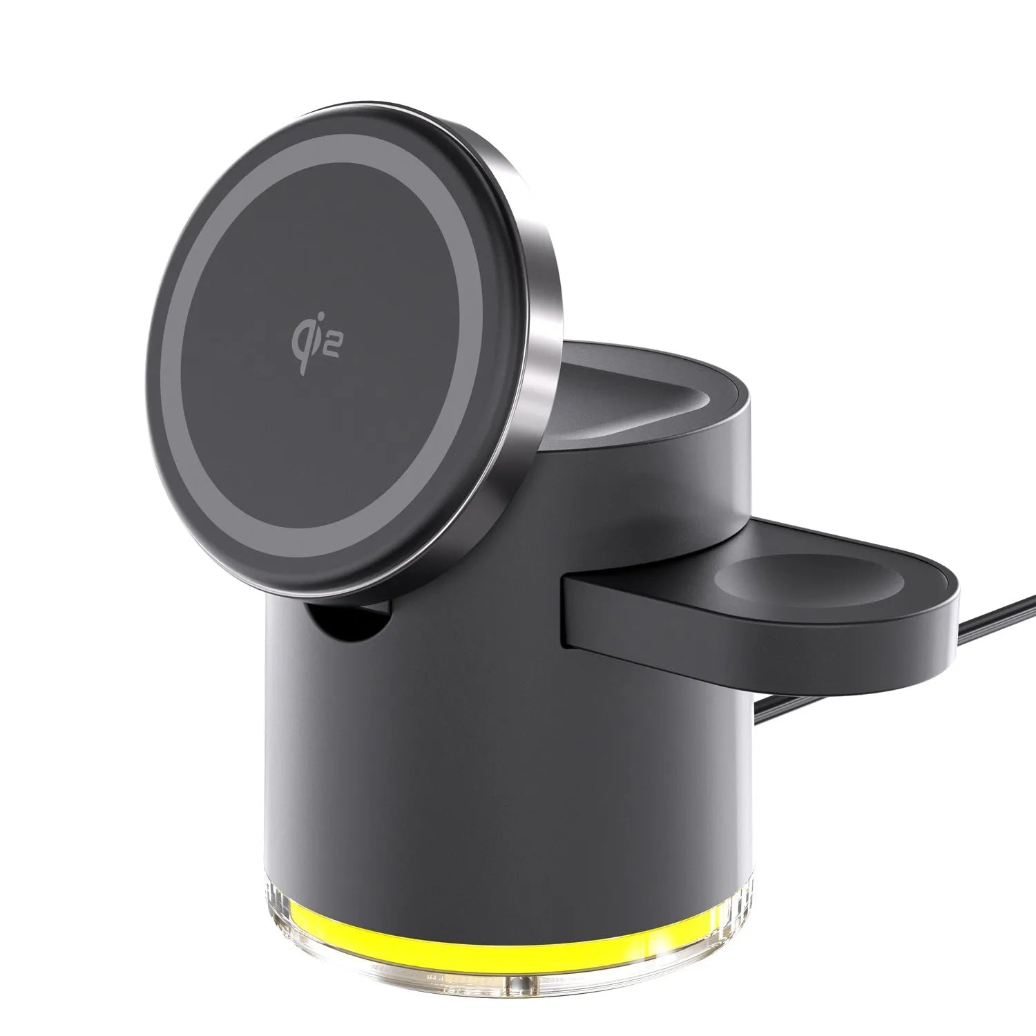 Black C16 three-in-one magnetic wireless folding charger for iPhone, Apple Watch and AirPods on a wooden desk.