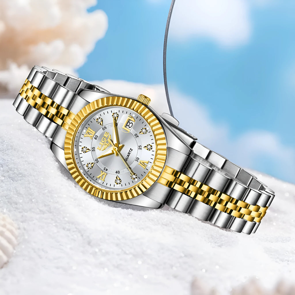 Waterproof women's fashion quartz watch with 10mm thickness in gold and silver colour variations