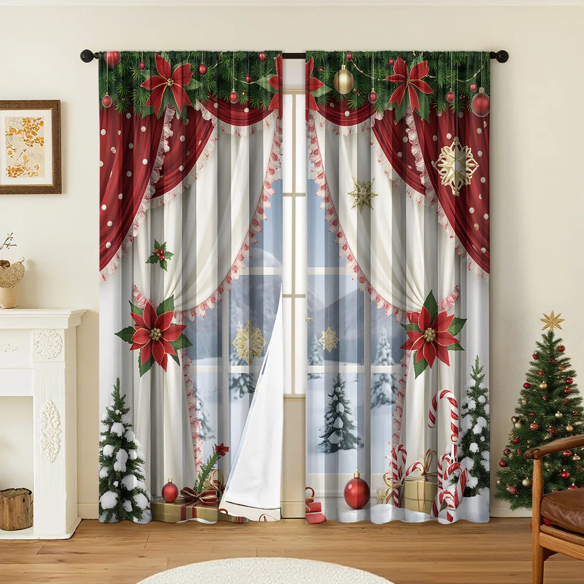 3D digitally printed Christmas curtains with European style patterns in polyester fabric