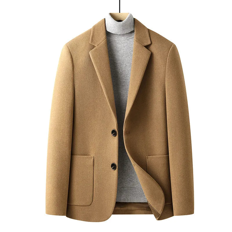 Men's slim fit grey wool suit jacket for autumn winter wear.