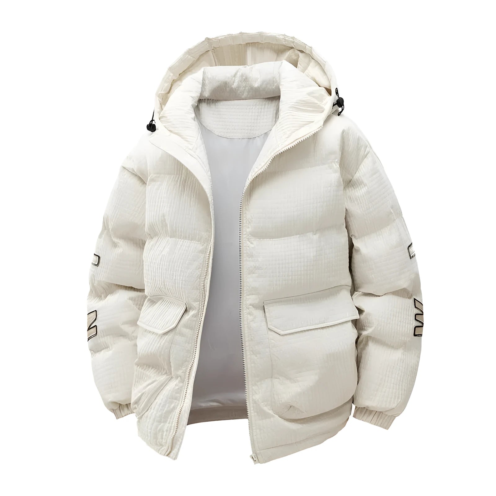 Men's black padded hooded jacket with white letter print detail on the front.