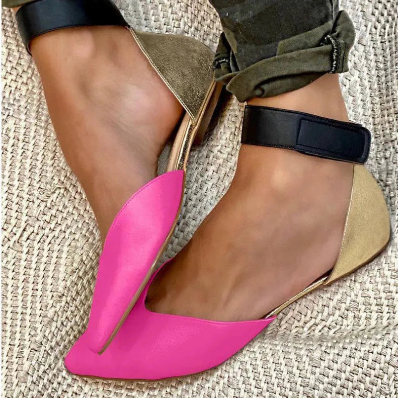 Women's beige velcro fastening sandals with hollowed design and flat heel