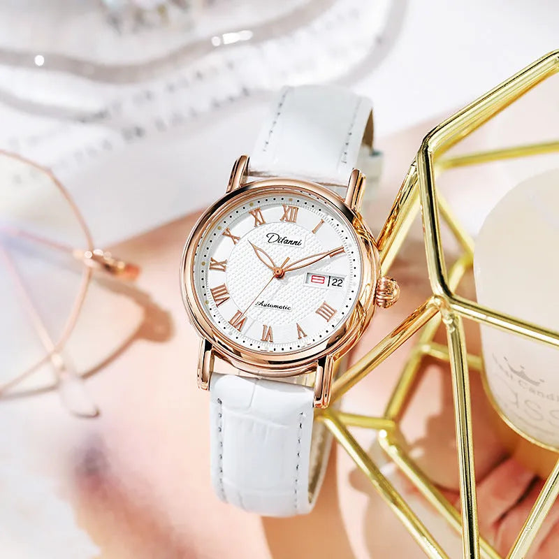 Women's automatic mechanical fashion watch with 12mm thickness showing steel and leather strap options