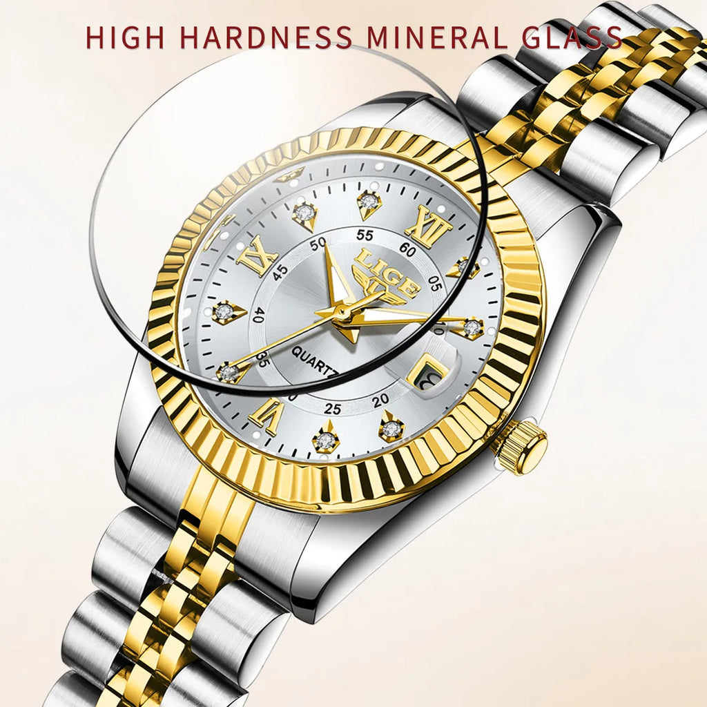 Waterproof women's fashion quartz watch with 10mm thickness in gold and silver colour variations