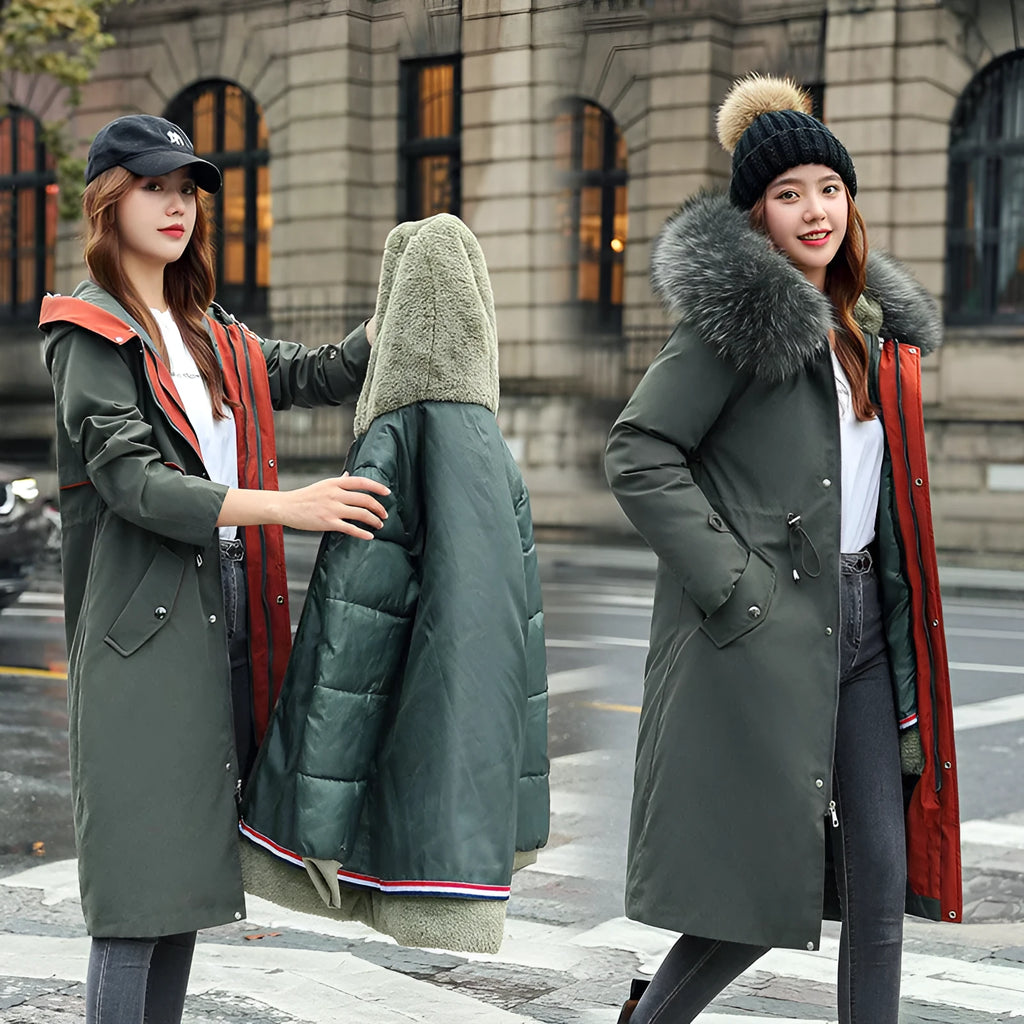 Women's long beige trench coat with fleece lining on a hanger, showing its extended length and elegant style.