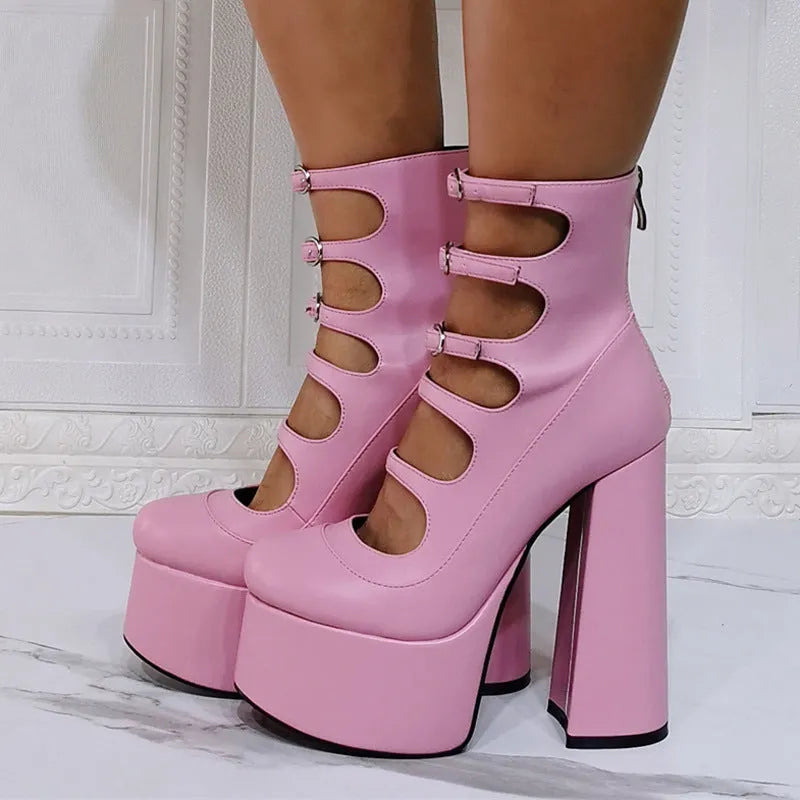 Black waterproof patent leather women's platform high heels with a thick heel and ankle buckle strap.