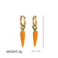 Gold plated copper earrings with colourful fruit and vegetable designs including carrot, lemon, and blueberry styles.