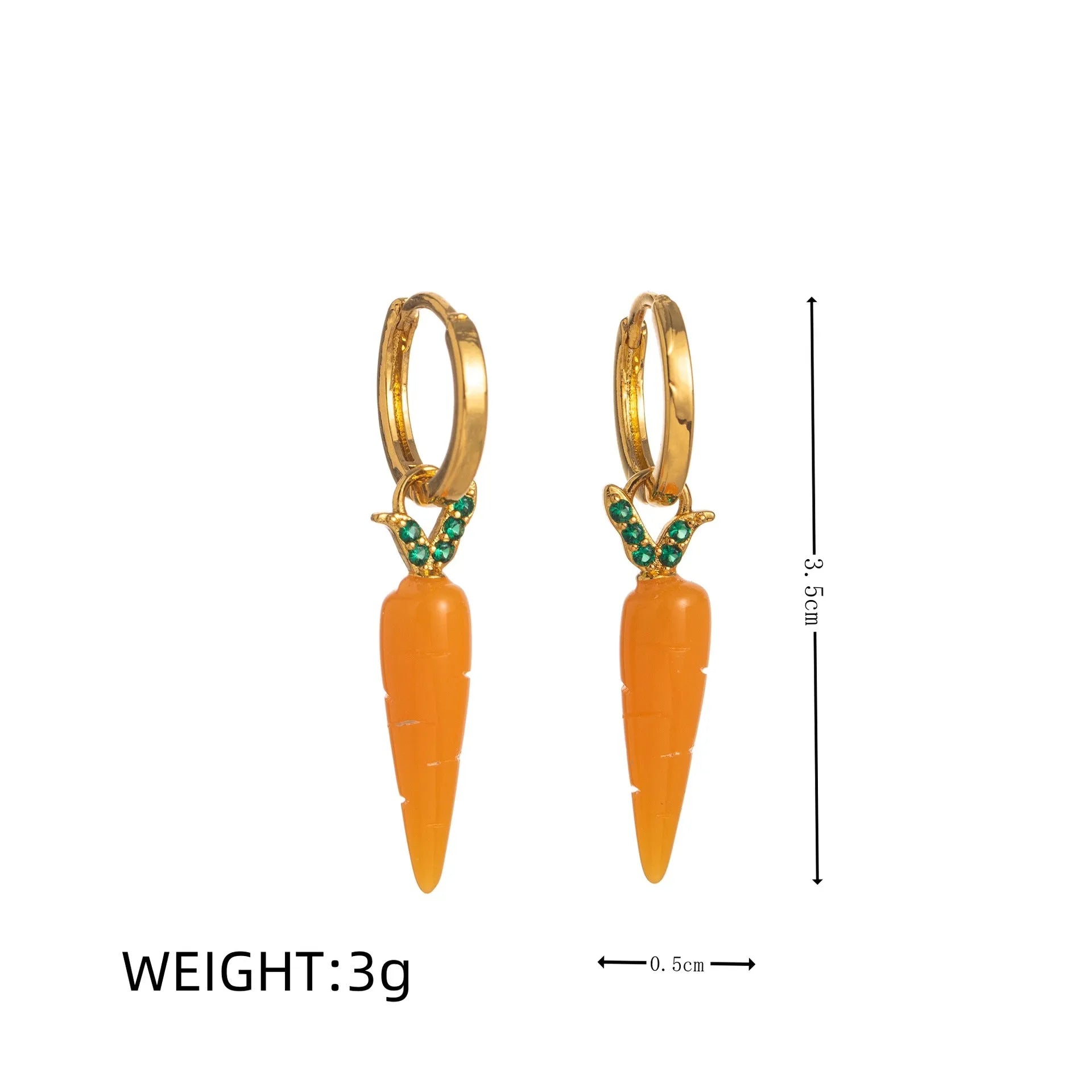 Gold plated copper earrings with colourful fruit and vegetable designs including carrot, lemon, and blueberry styles.