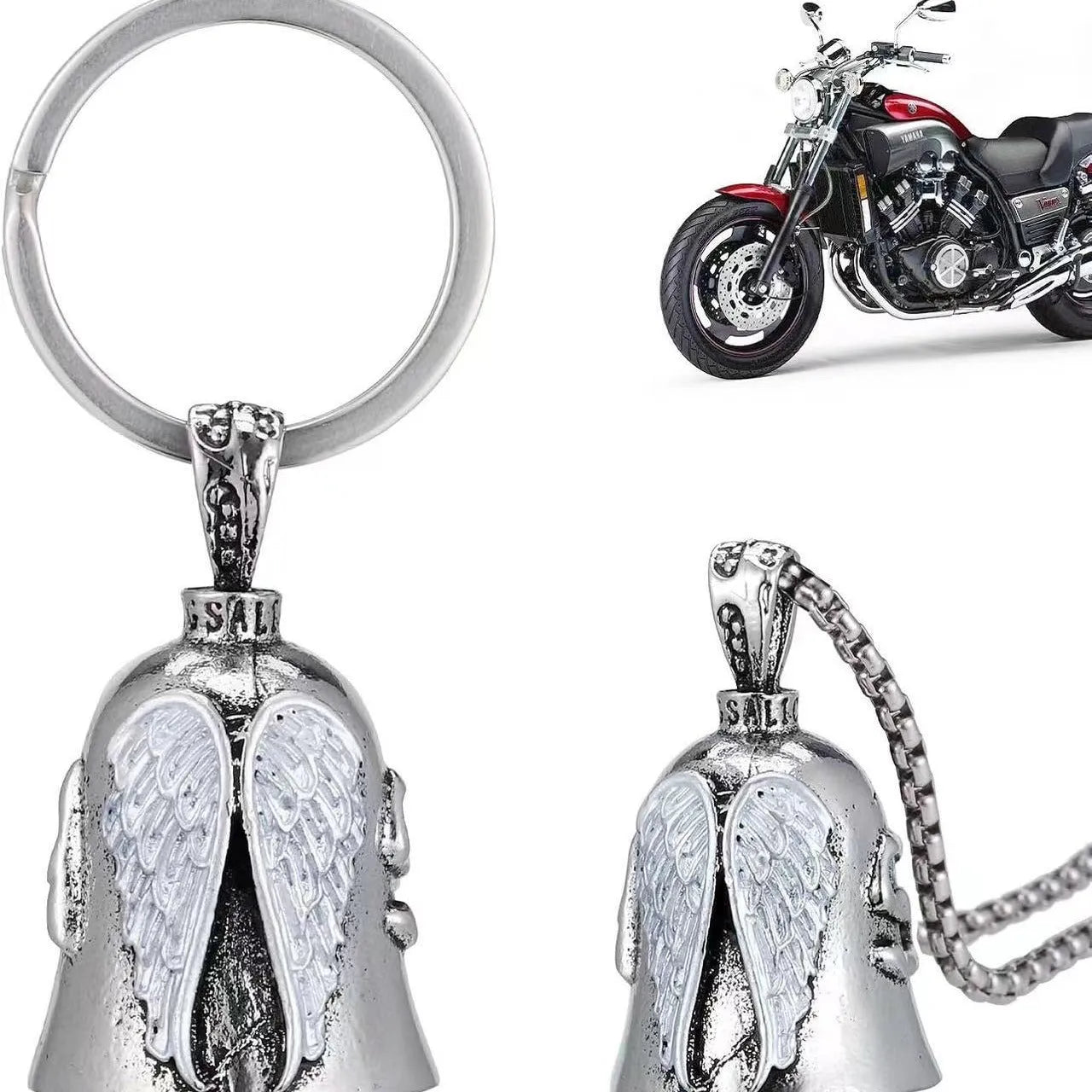 Silver-tone vintage angel feather and wings design necklace pendant and matching keychain.