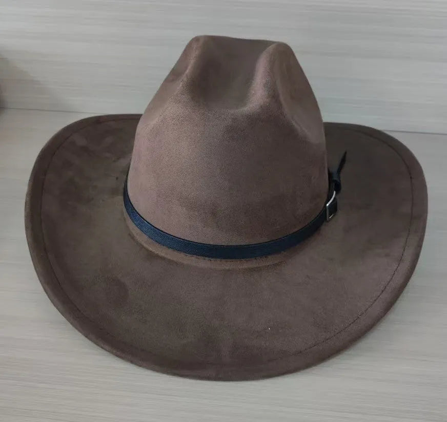 Brown leather velvet cowboy hat with curved brim and conical crown.