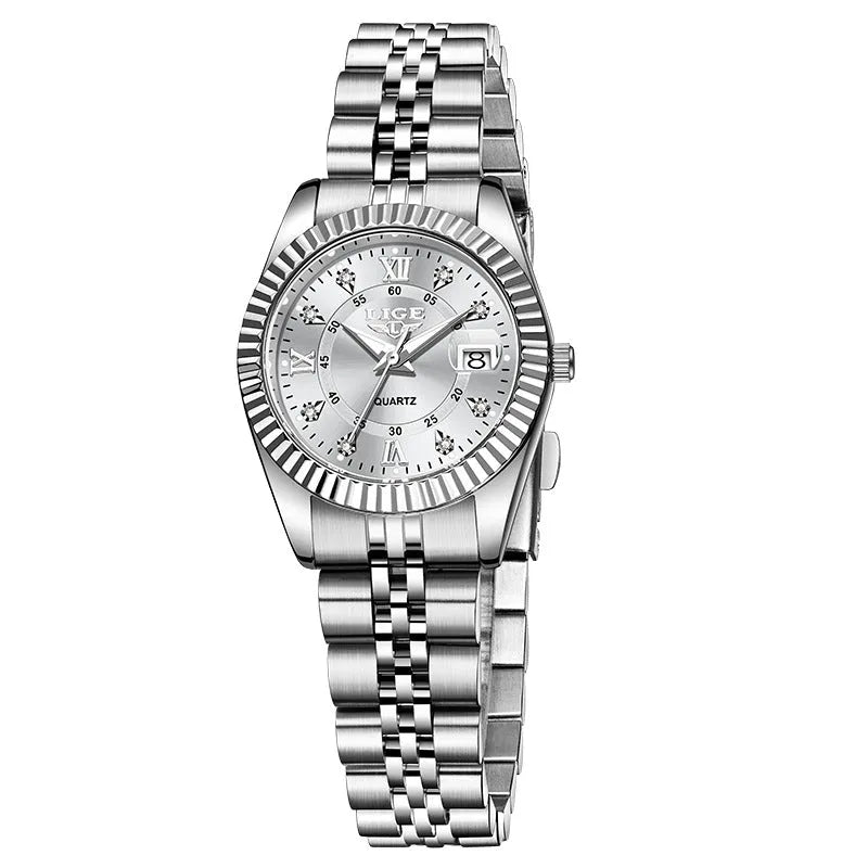 Waterproof women's fashion quartz watch with 10mm thickness in gold and silver colour variations