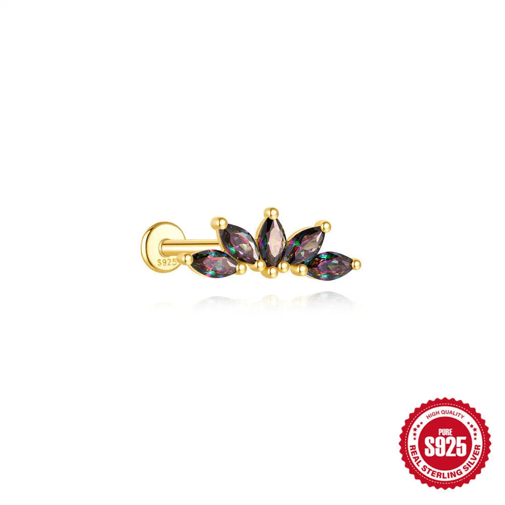 S925 sterling silver geometric flat head earring with a shiny rainbow stone on an alloy backing.