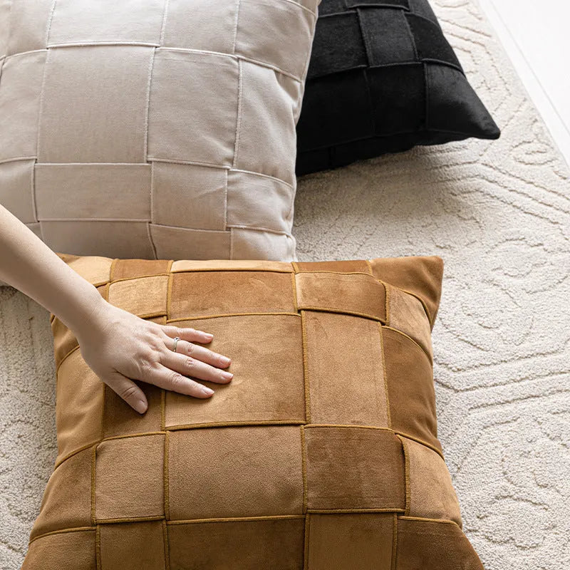 Square chenille woven sofa cushion in beige colour with textured surface and feather velvet core