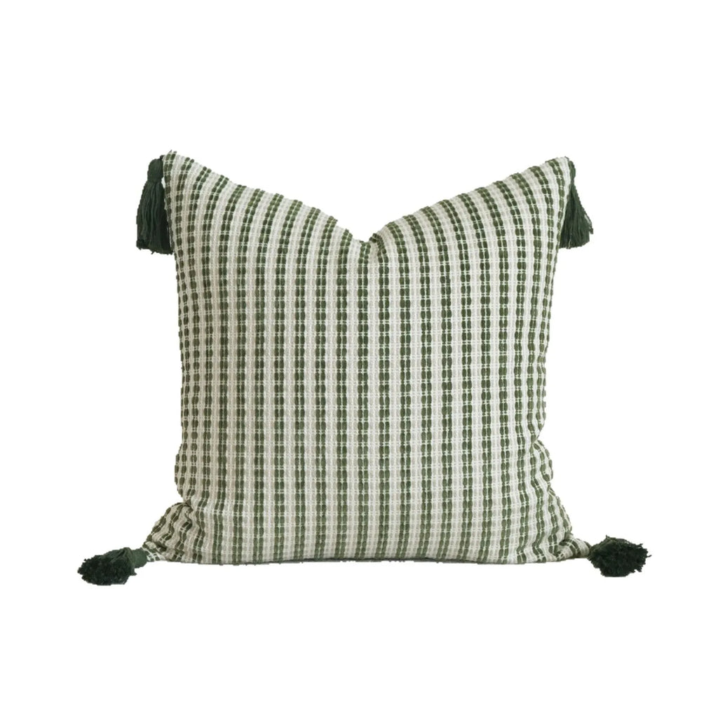 Green cotton and linen tassel hotel sample pillow with botanical pattern on brushed fabric pillowcase