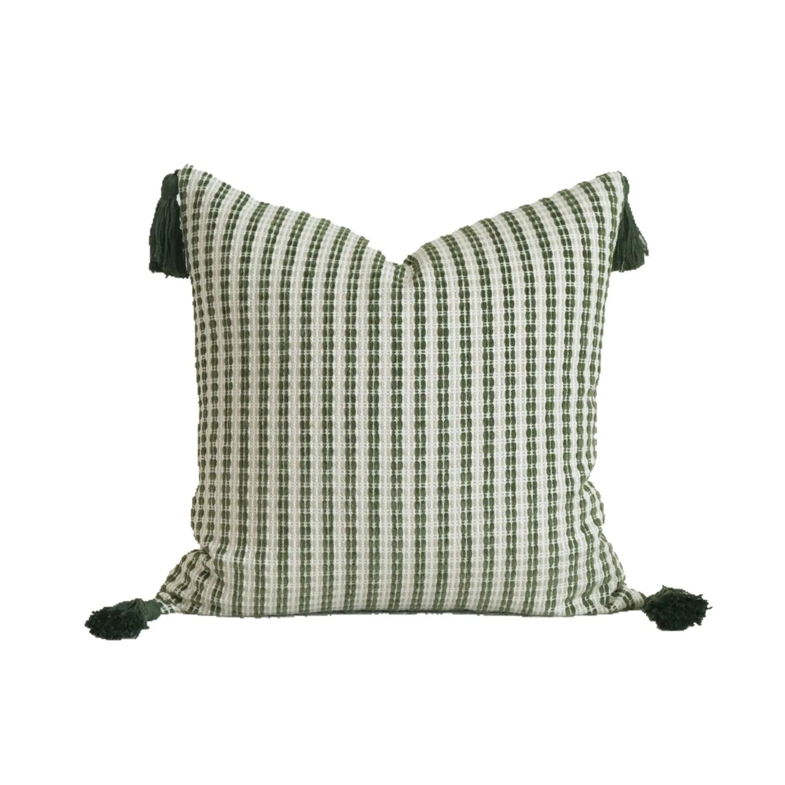 Green cotton and linen tassel hotel sample pillow with botanical pattern on brushed fabric pillowcase