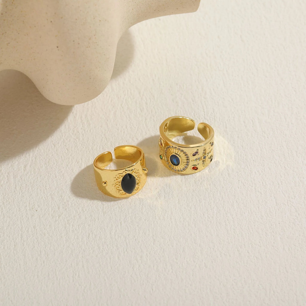 Geometric copper ring with zircon gemstone in horse eye black electroplated finish