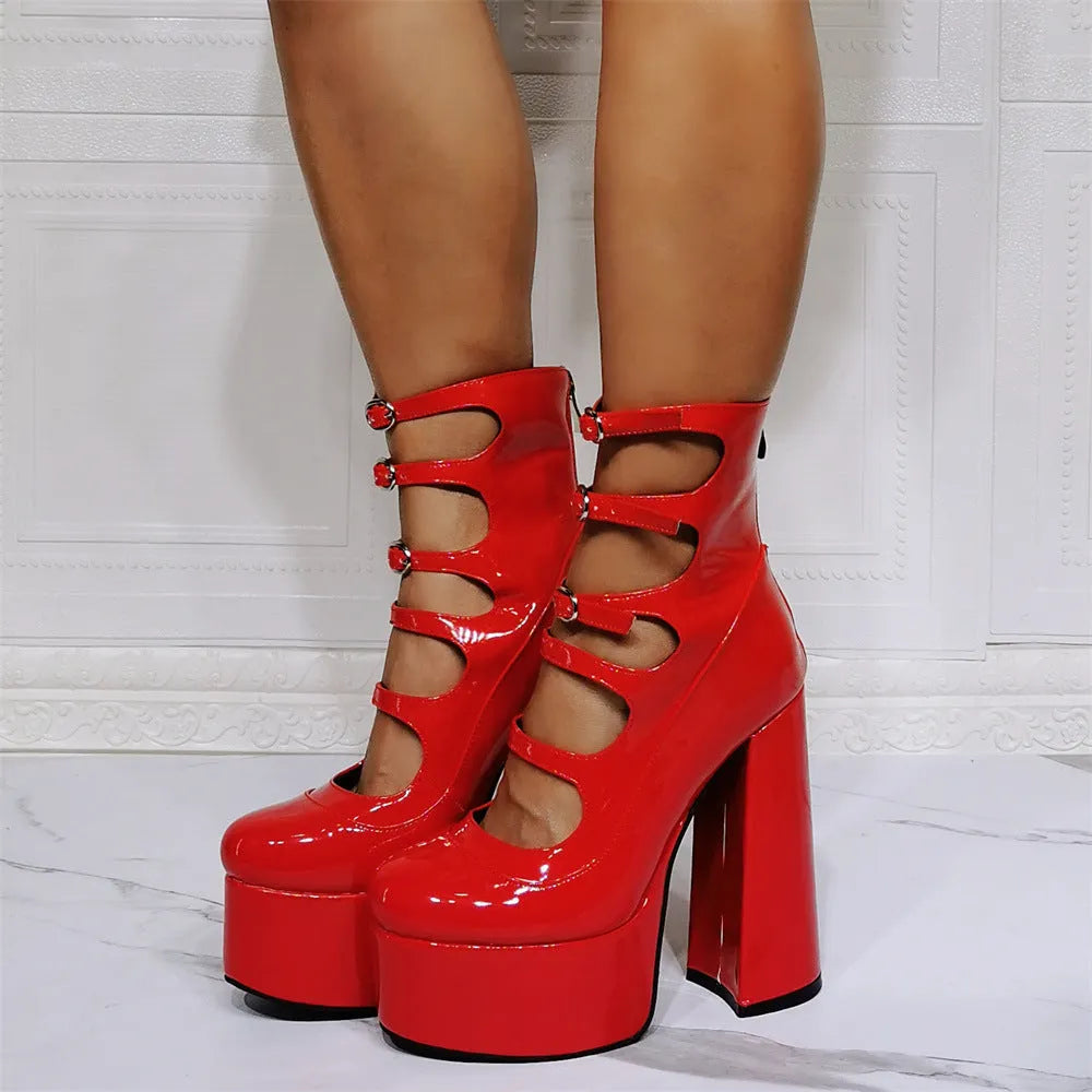 Black waterproof patent leather women's platform high heels with a thick heel and ankle buckle strap.