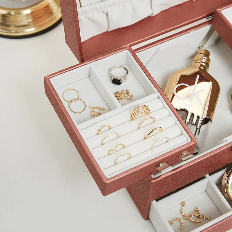 Hard shell leather jewellery storage box in beige solid colour showing dimensions