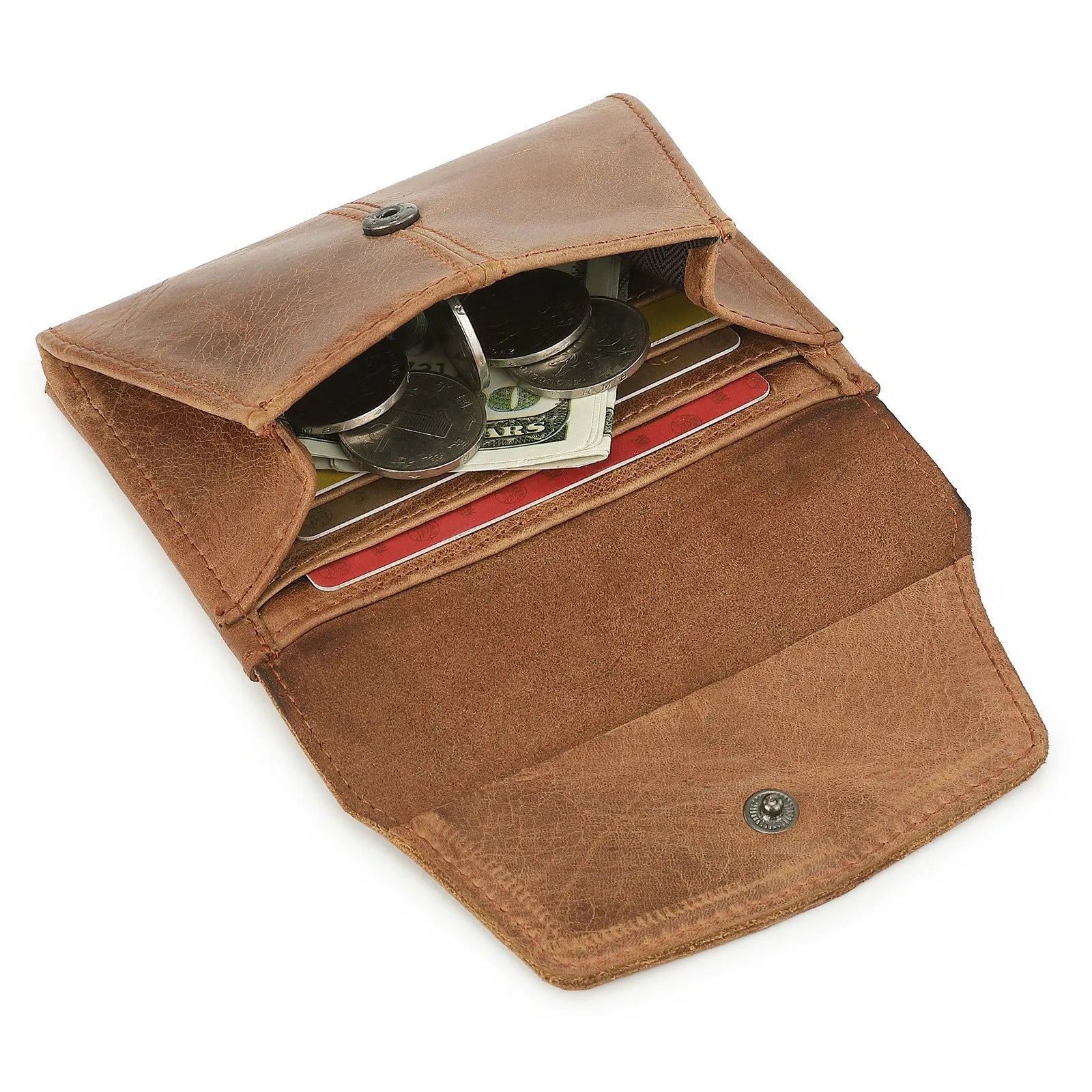 Genuine cowhide leather coin purse with stitching details in European Retro style