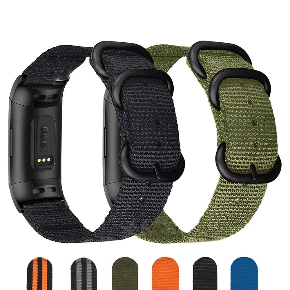 Nylon replacement strap with buckle for Fitbit Charge 2, 3, 4, and 5 fitness trackers.