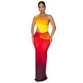 Women's gradient colour cross-shoulder sleeveless summer dress with high waist and long skirt.
