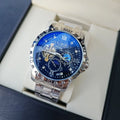 Men's silver automatic mechanical watch with black starry dial and leather strap