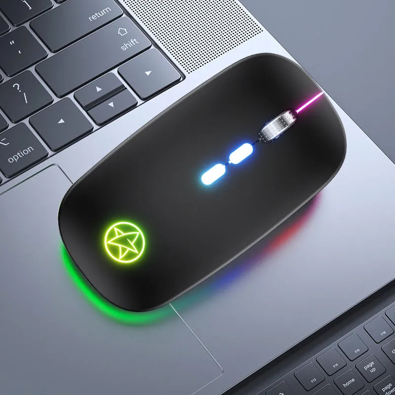 Wireless Bluetooth mouse with luminous charging in star black colour showing five buttons and metal roller wheel