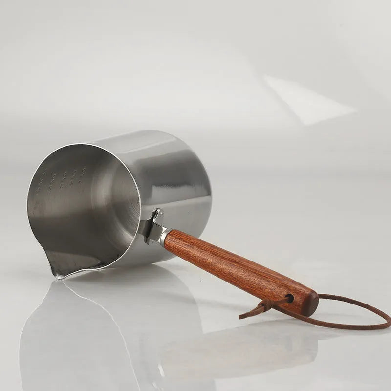 Stainless steel garland coffee cup with wooden handle showing ml scale, in three size options.