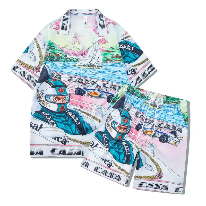 Plaid print beach outfit set comprising a short sleeve shirt and matching shorts on a mannequin