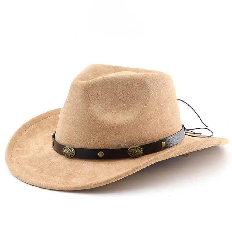 Brown leather velvet cowboy hat with curved brim and conical crown.