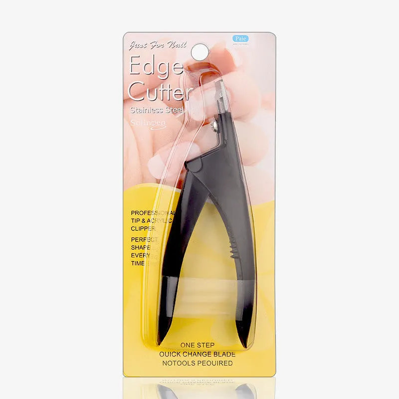 Stainless steel nail art scissors with U-shaped blades in black, titanium, or silver finishes.