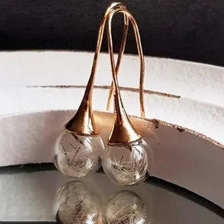 Transparent glass ball earrings with dandelion seed design and French hooks in silver or bronze finishes