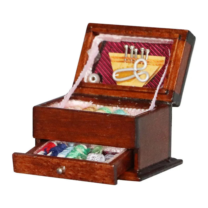 Miniature European-style wooden sewing box ornament with birch construction measuring 2.2cm by 3.4cm