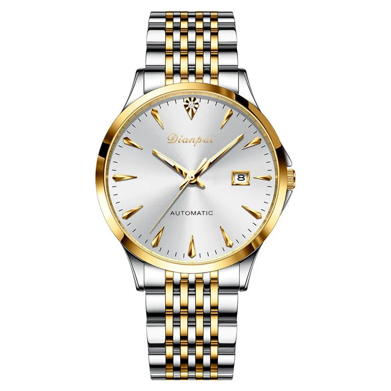 Men's stainless steel automatic mechanical watch with simple dial on wrist.