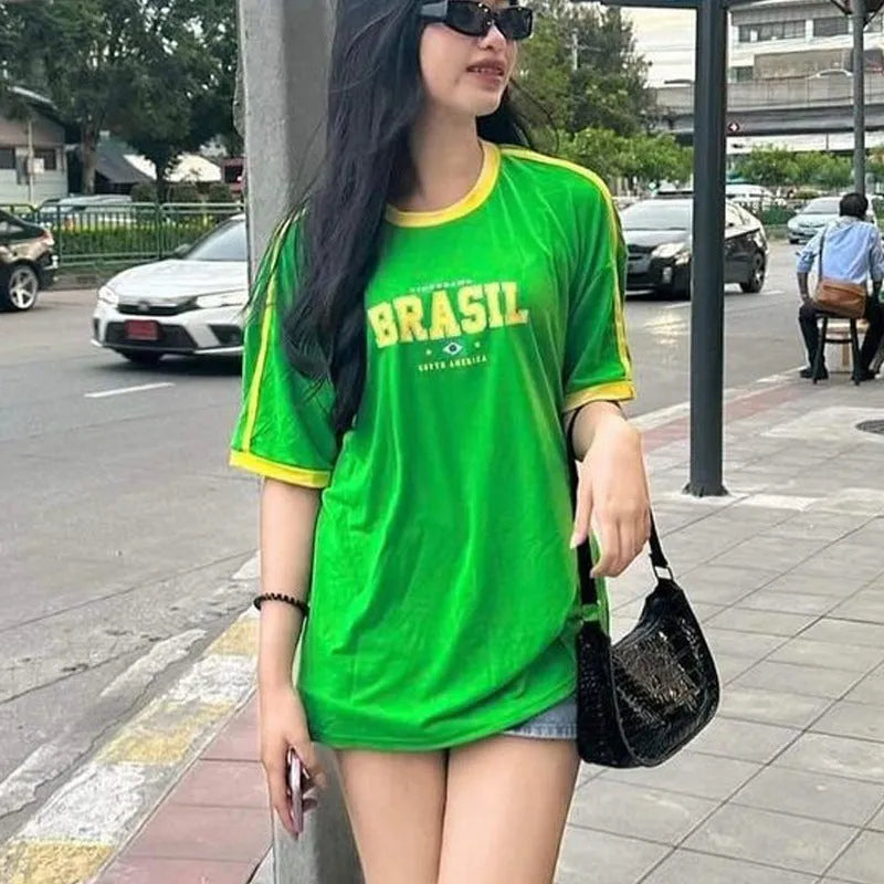 Women's slim fit geometric print t-shirt in milk silk polyester, showing 3D letter design on front.